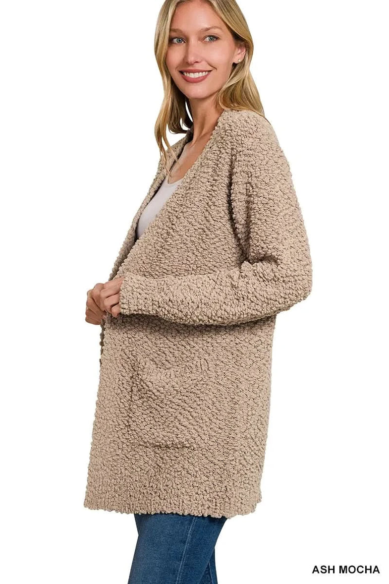 Zenana Long Sleeve Popcorn Sweater Cardigan with Pockets - SwagglyLife Home & Fashion